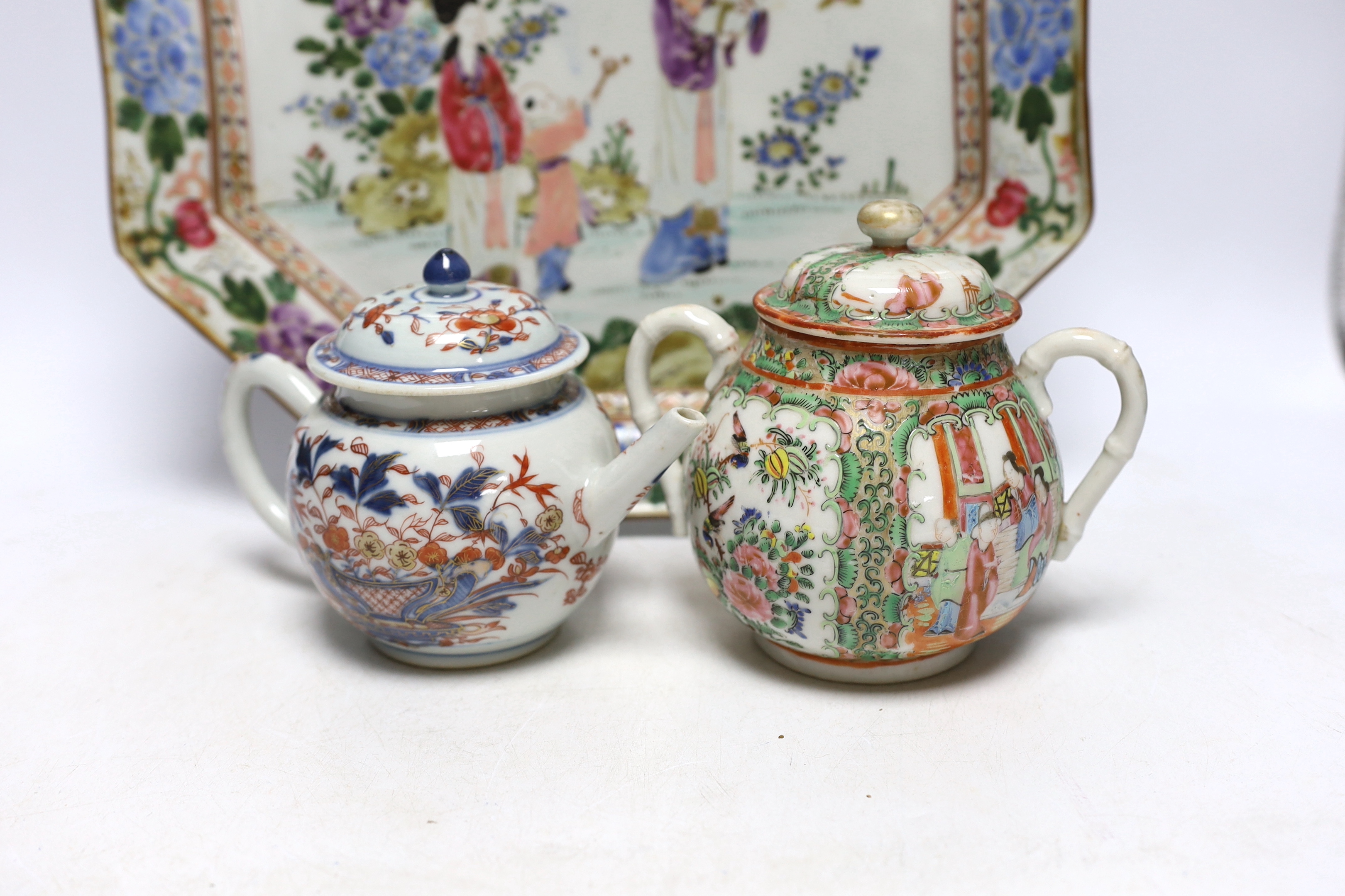 A Chinese Imari pattern teapot, a Cantonese lidded jar and an octagonal Japanese charger